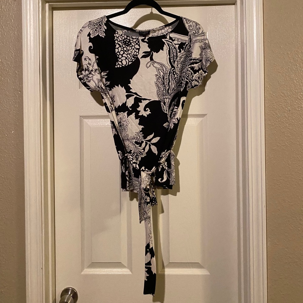 Talbots Petite  Black and Cream Waist Tie Top- New!